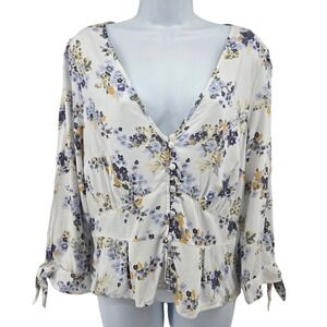 Abercrombie & Fitch Floral‎ V-Neck Button Front Peplum Top White Blue Boho L